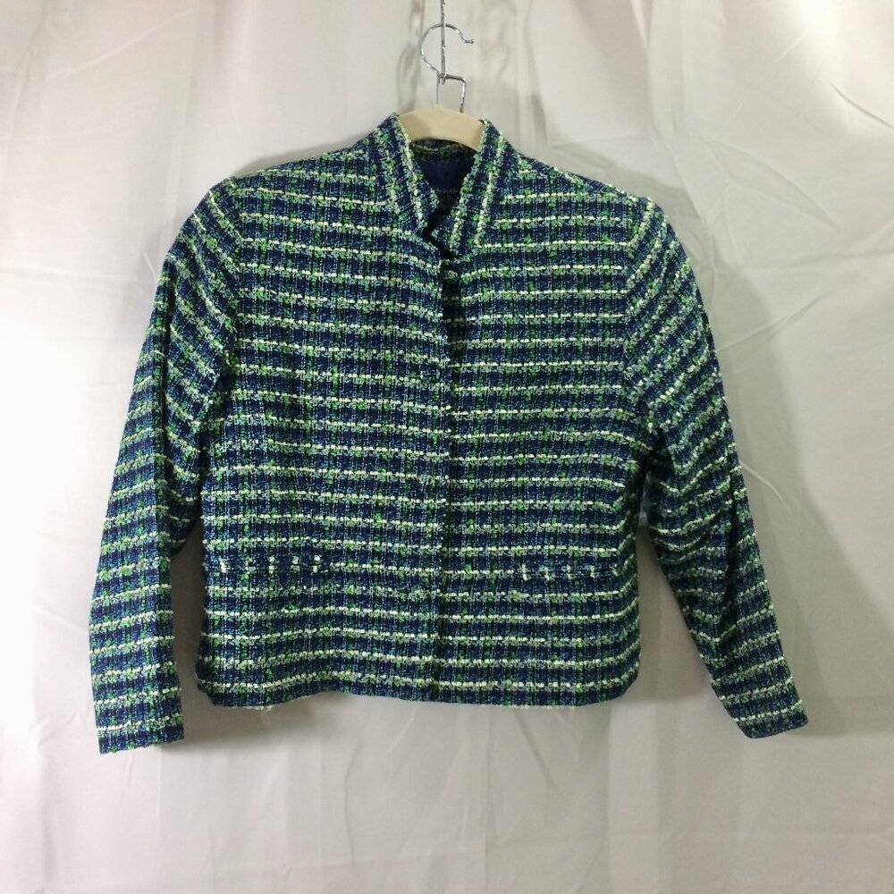 Willow Ridge Blazer Blue Green Tweed Fabric Cover Buttons Short 12P NWOT